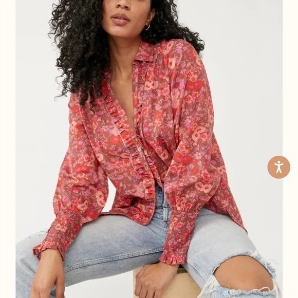 Free People Earth Combo Printer Top in Red size Medium. Button down. Tunic style - Picture 2 of 9